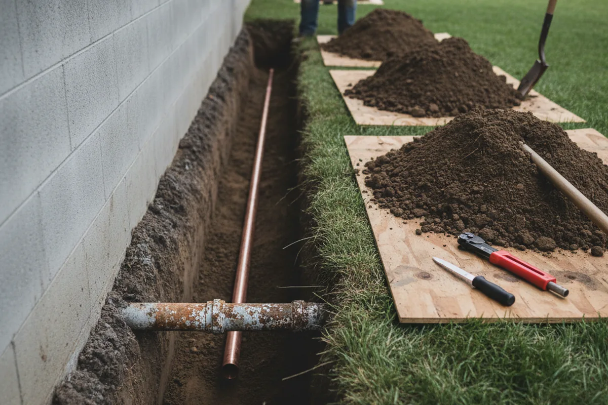 Excavated water line trench during Water Softener Installation in Dutton